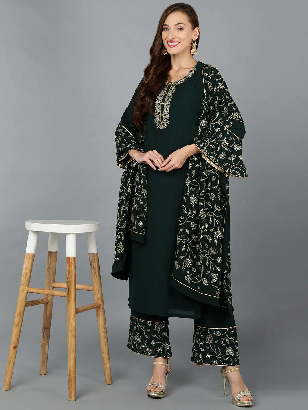 Dark Green Embroidered Party Wear Lehenga Suit - Georgette