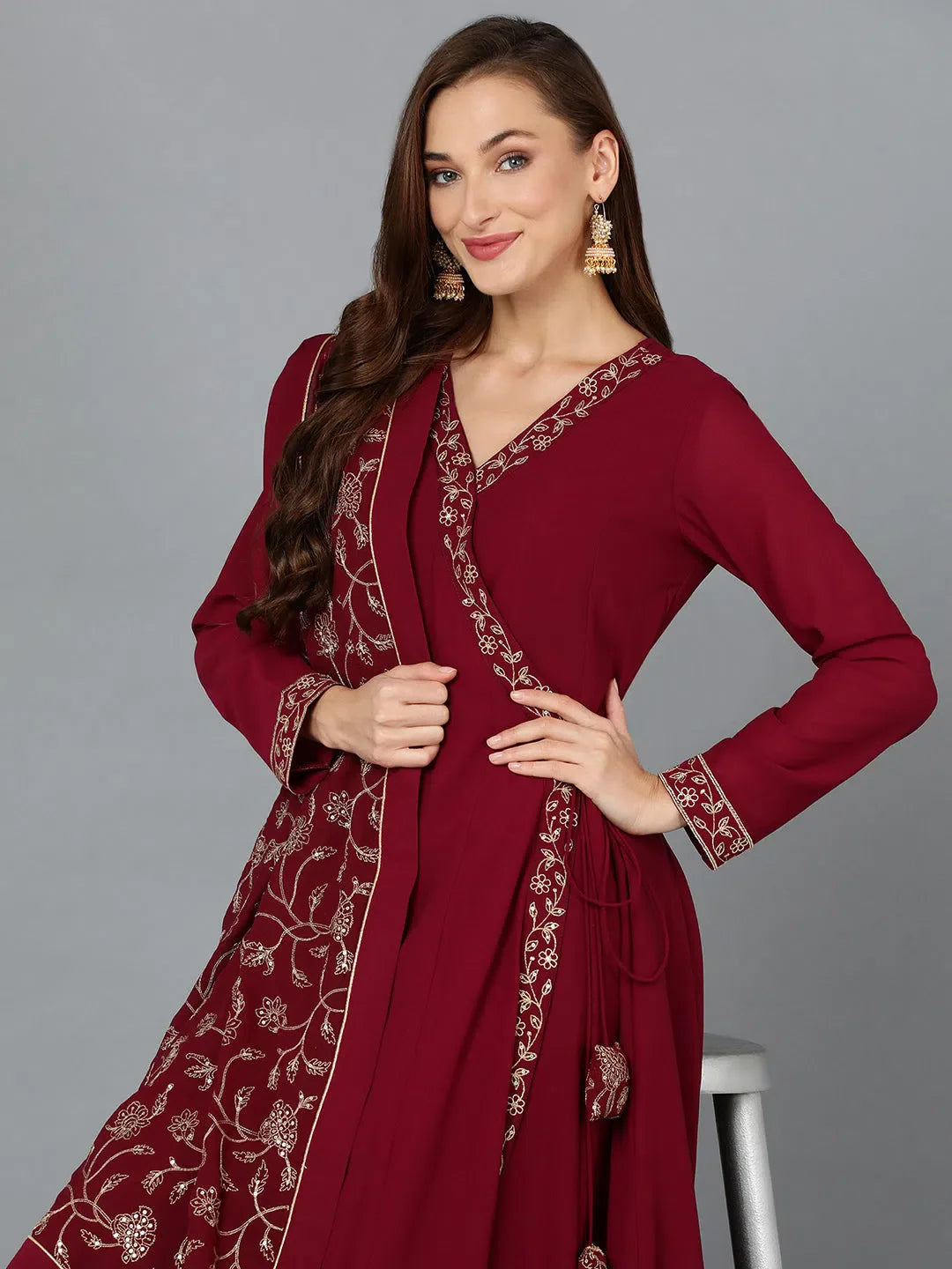 Fuschia Georgette Angrakha Kurta Set with Dupatta for Women