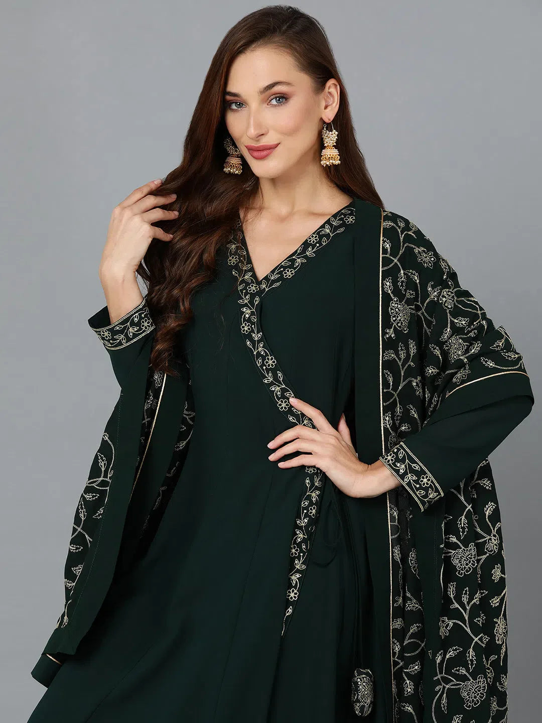 Dark Green Georgette Angrakha Kurta Set with Dupatta