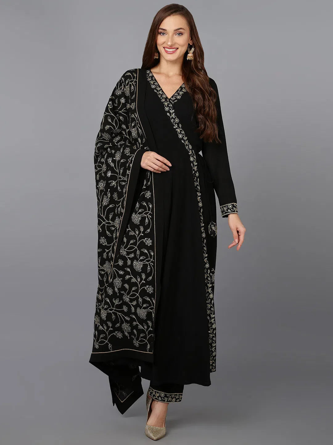 Black Georgette Angrakha Kurta Set with Dupatta | Designer