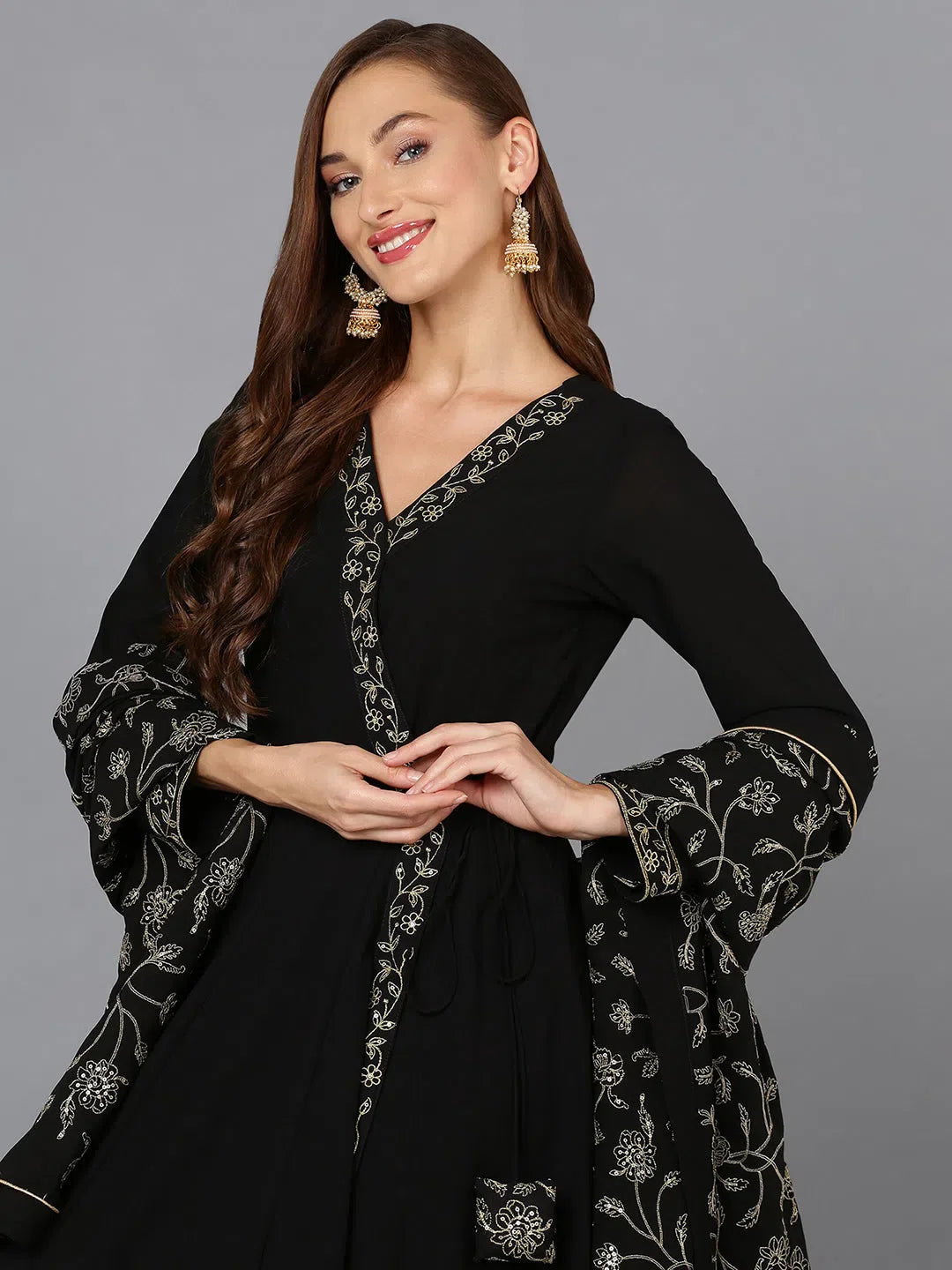 Black Georgette Angrakha Kurta Set with Dupatta | Designer