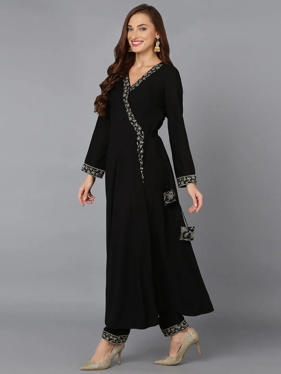Black Georgette Angrakha Kurta Set with Dupatta | Designer