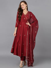 Maroon Silk Blend Umbrella Cut Rogan work