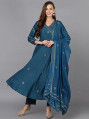 Teal Blue Silk Blend Umbrella Cut Rogan