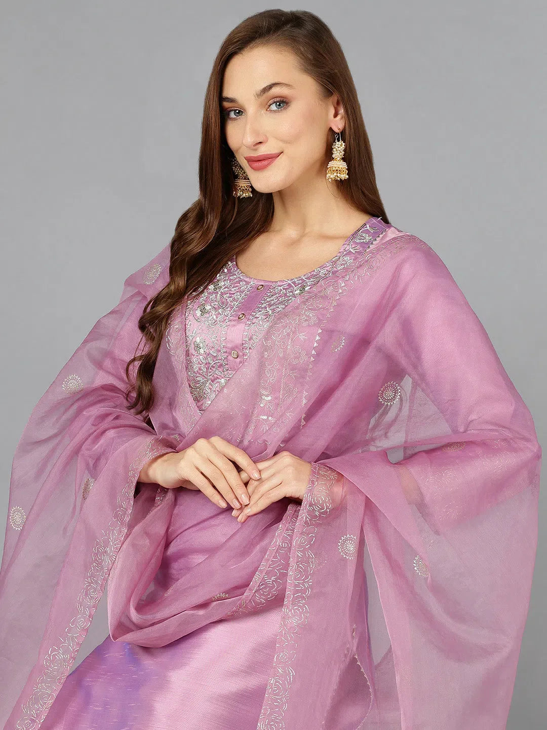 Lavender Silk Blend Embroidered Women's Kurta Set with Dupatta