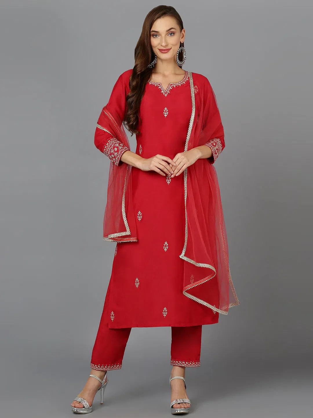 Red Embroidered Silk Blend Kurta Pant Set | Women's Kurta Sets