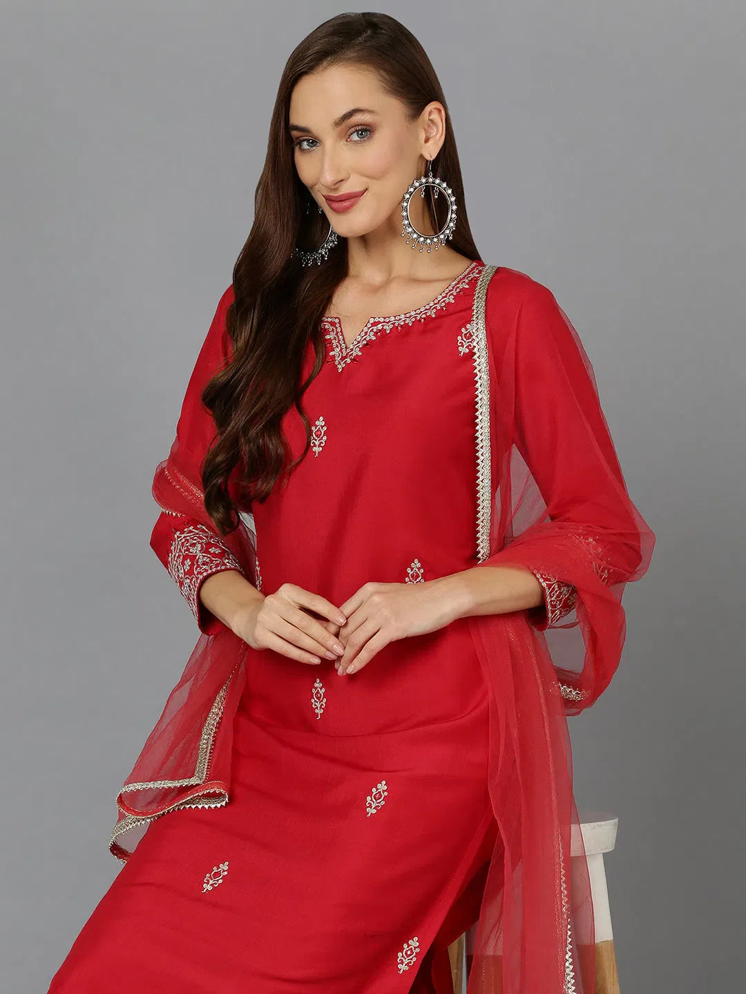 Red Embroidered Silk Blend Kurta Pant Set | Women's Kurta Sets