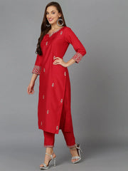 Red Silk Blend Straight Kurta Pant With-PKSKD1929