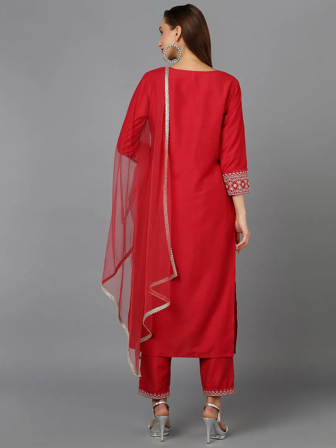 Red Embroidered Silk Blend Kurta Pant Set | Women's Kurta Sets