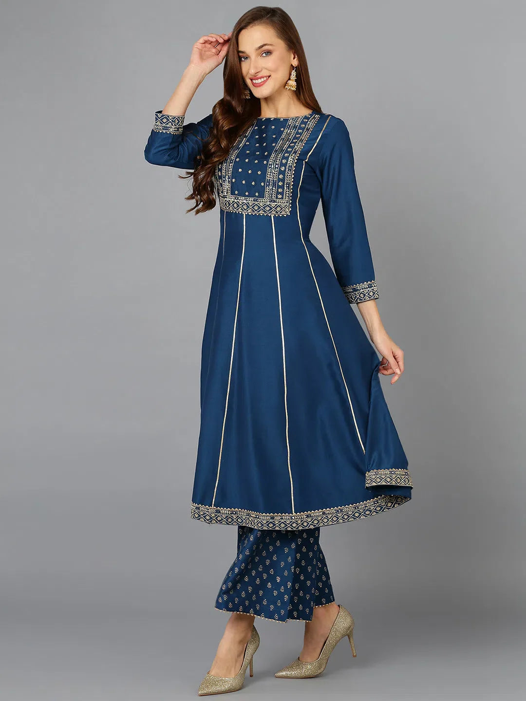 Teal Silk Blend Embroidered Kurta Pant Set | Indian Kurta