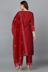 Women Silk Blend Yoke Design Kurta Trouser With Dupatta