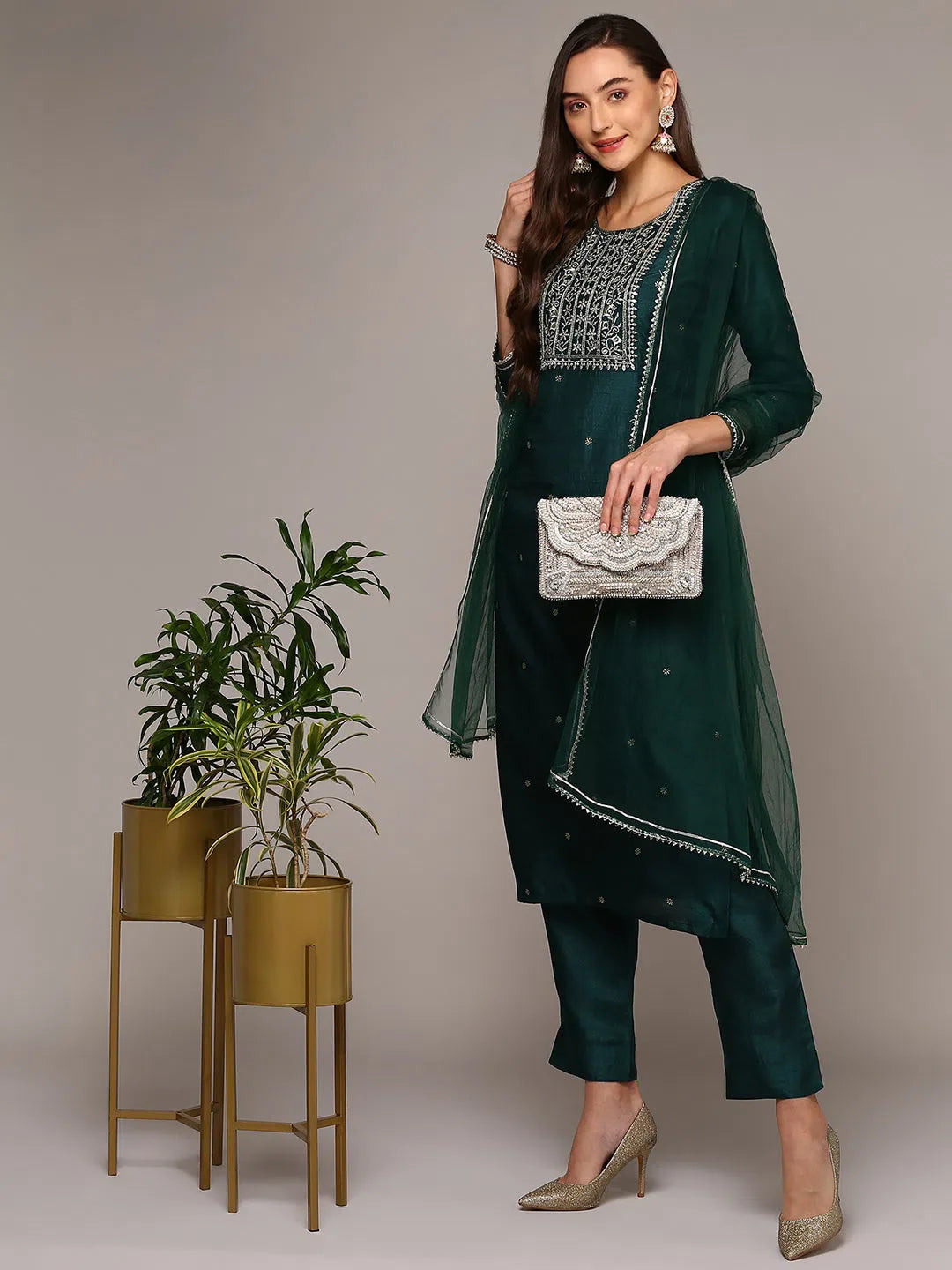 Silk Blend Green Rogan Work Kurta Set With Dupatta | Women's K...