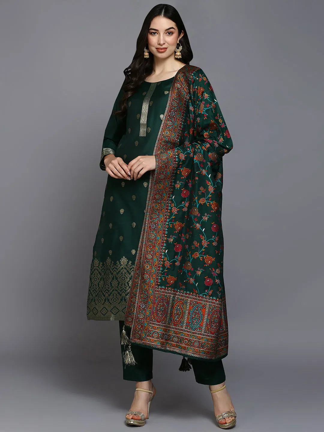 Green Silk Blend Jacquard Kurta Pant | Women's Indian Kurta