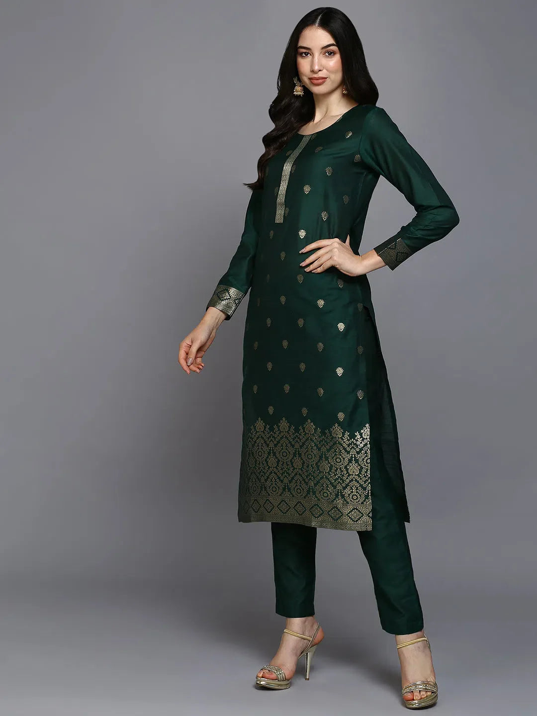 Green Silk Blend Jacquard Kurta Pant | Women's Indian Kurta