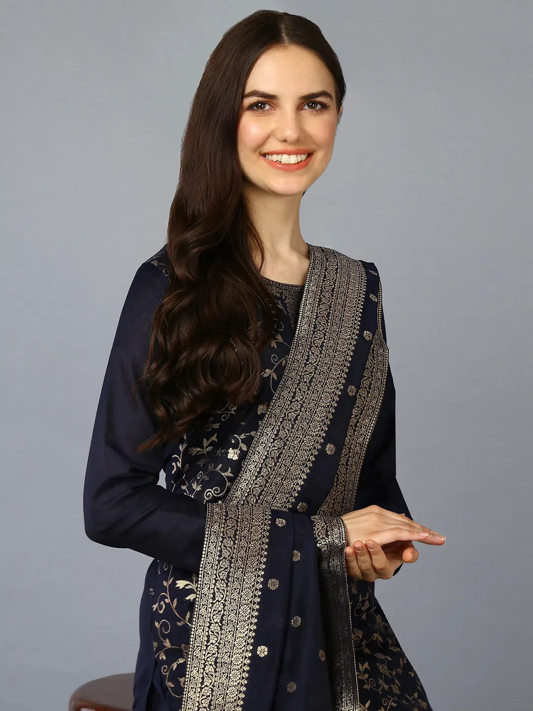 Navy Blue Silk Jacquard Kurta | Women's Ethnic Lehenga Choli