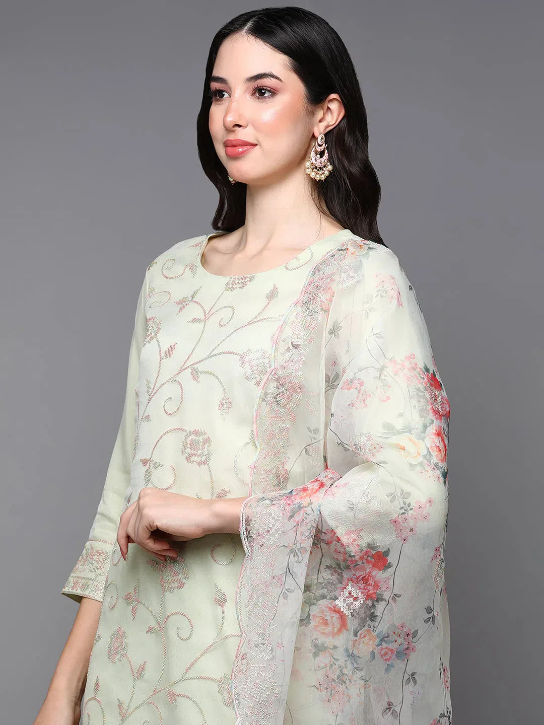 Organza Green Embroidered Kurta Pant Set | Indian Kurta Sets