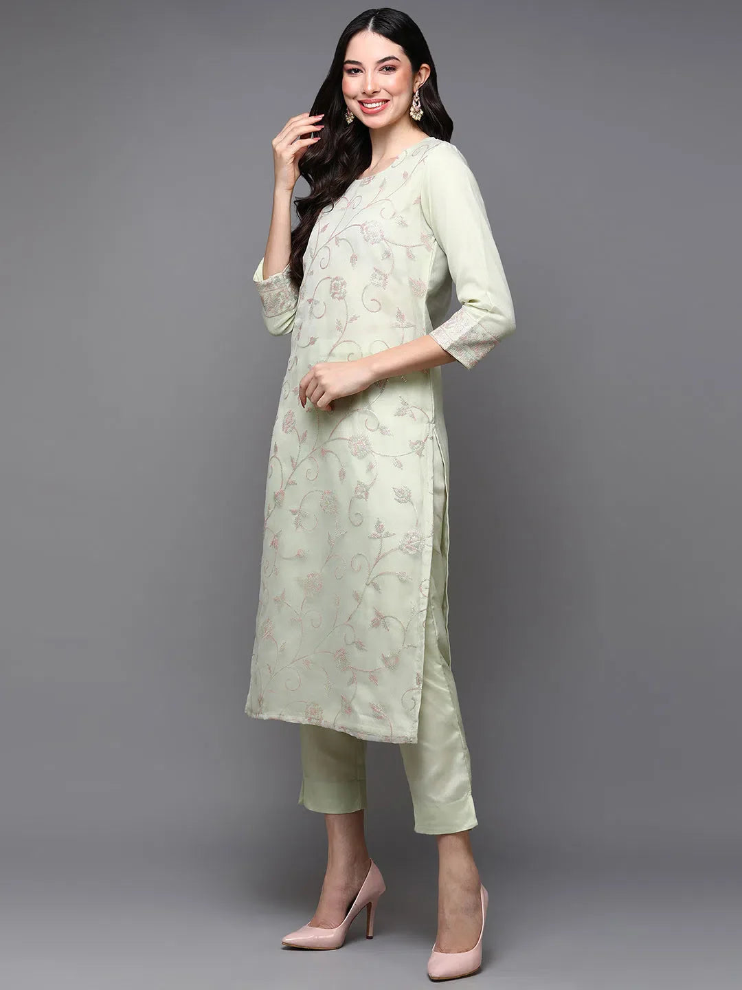 Organza Green Embroidered Kurta Pant Set | Indian Kurta Sets