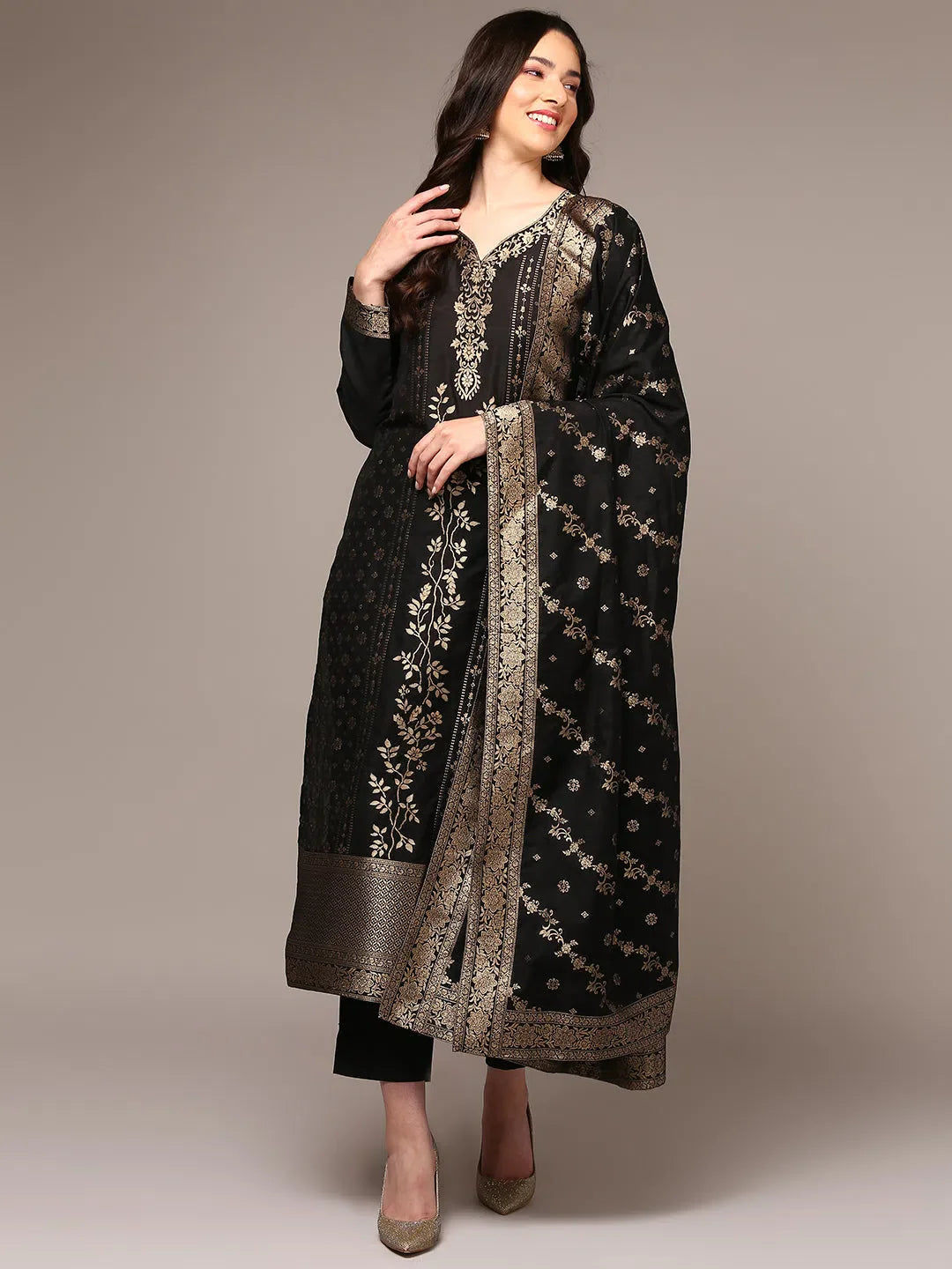 Black Woven Design Kurta Set with Dupatta | Indian Kurta Sets