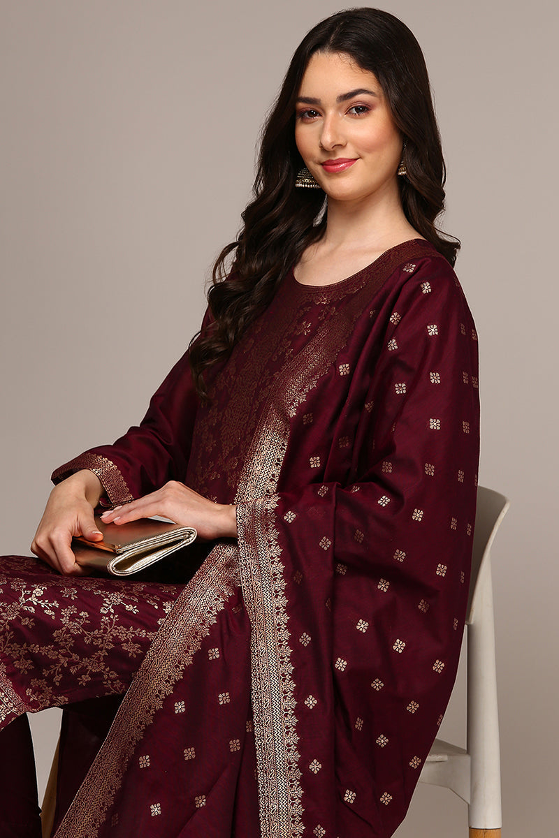 DesiQlo Women Chanderi Indian Ethnic Set - Maroon