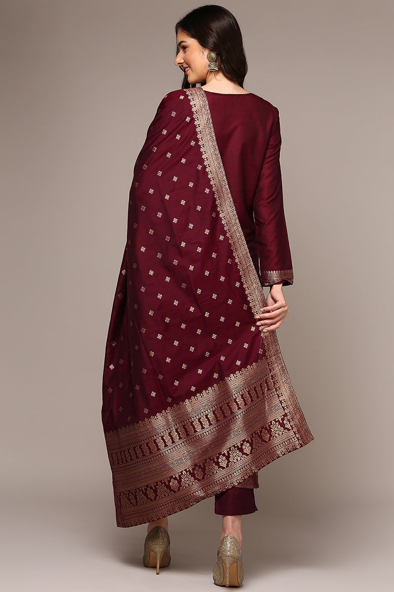 DesiQlo Women Chanderi Indian Ethnic Set - Maroon