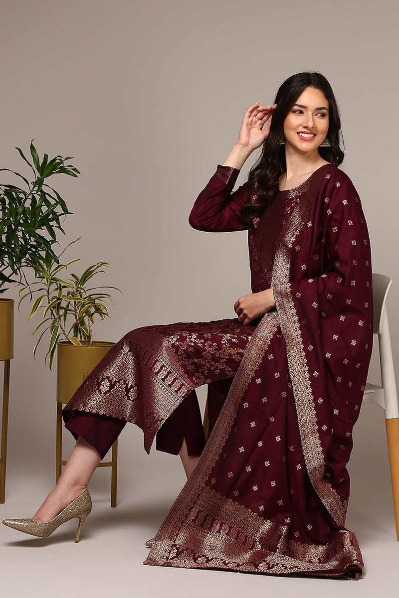 DesiQlo Women Chanderi Indian Ethnic Set - Maroon