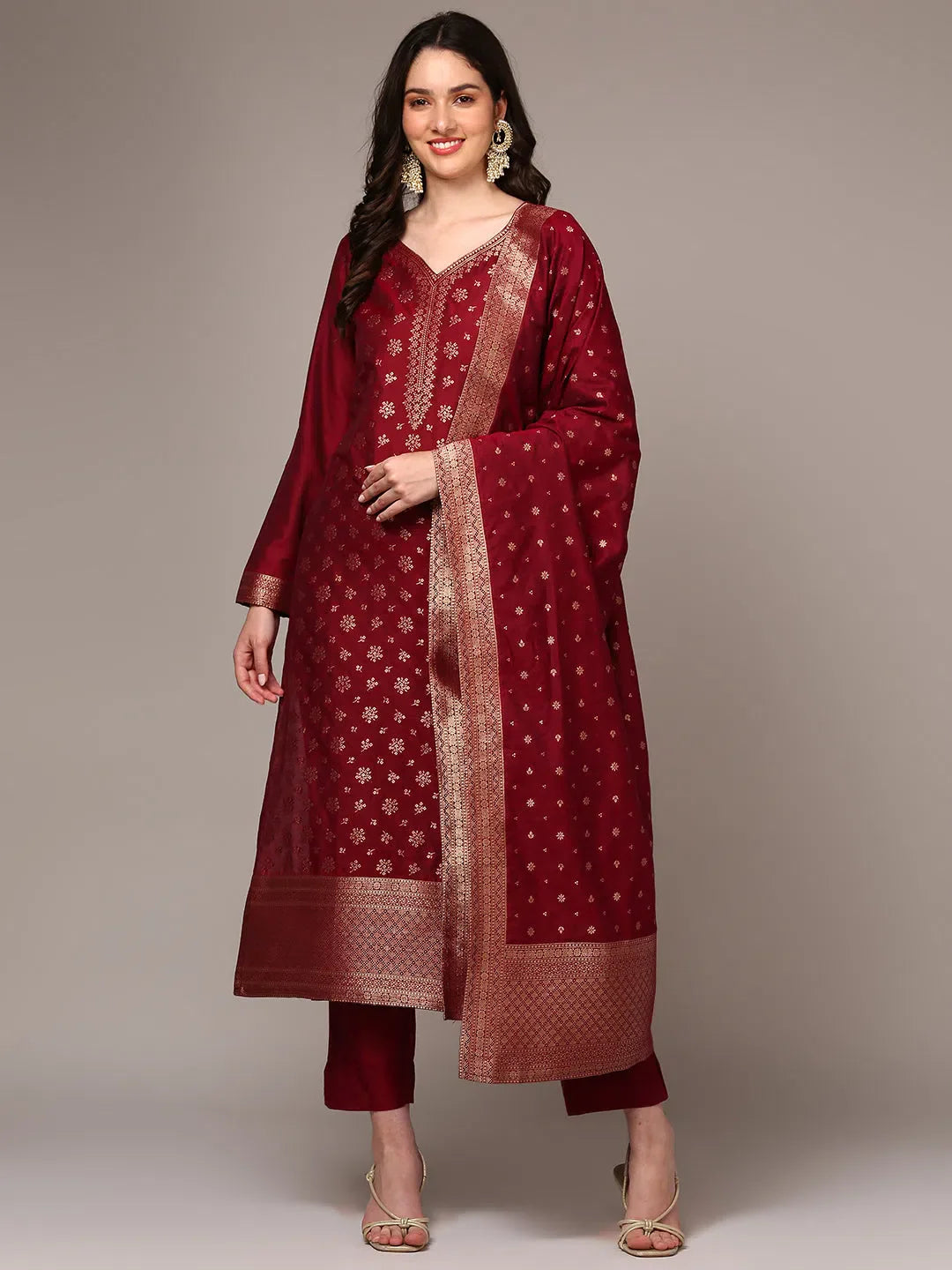 Red Woven Design Kurta Set with Dupatta | Indian Kurta Sets