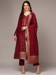 Women Red Poly Chanderi Woven Design Straight Kurta Trouser With Dupatta PKSKD1977
