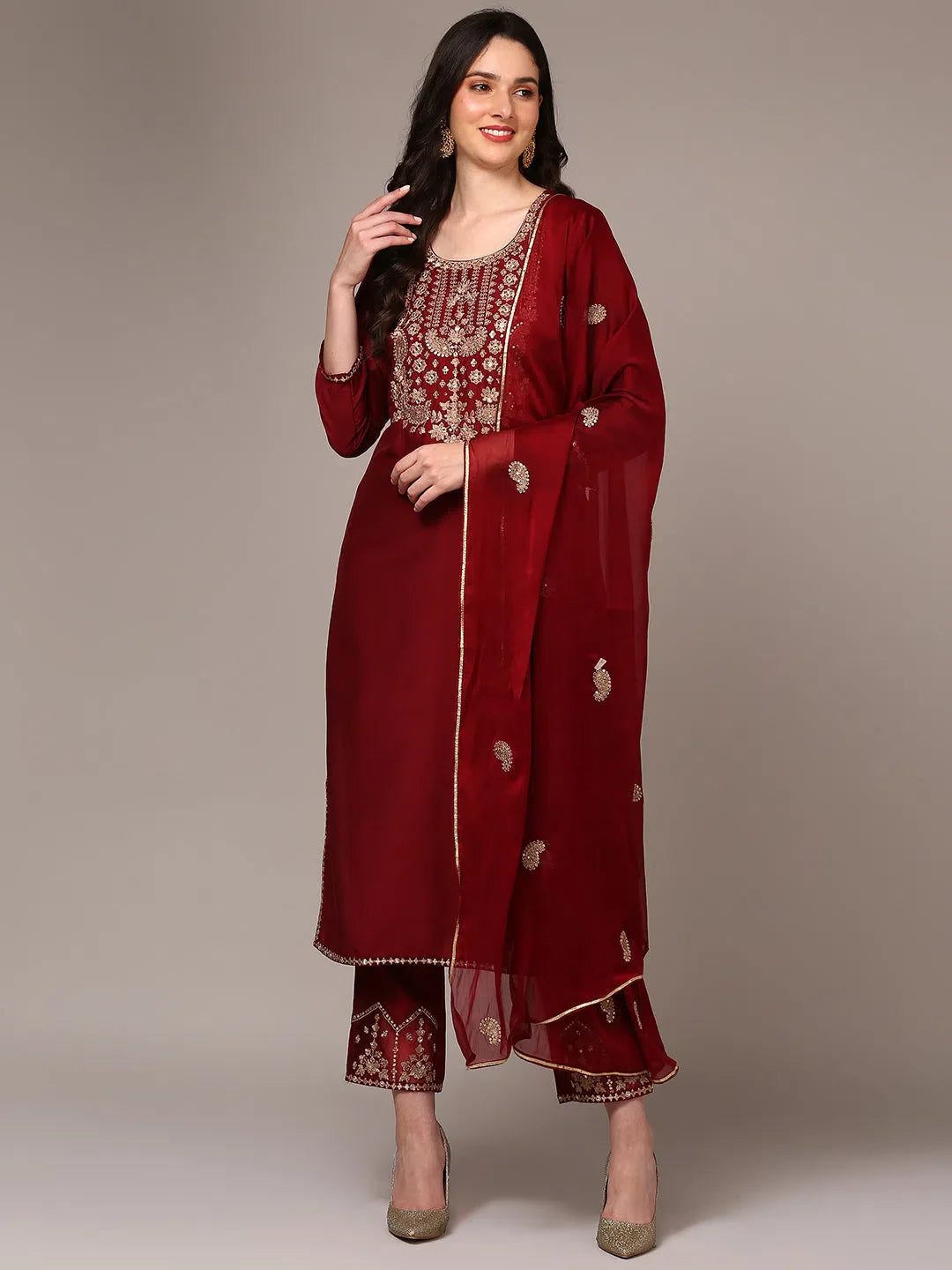 Women Maroon Silk Blend Yoke Design Straight Kurta Trouser With Dupatta PKSKD1990