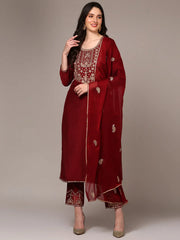 Women Maroon Silk Blend Yoke Design Straight Kurta Trouser With Dupatta PKSKD1990