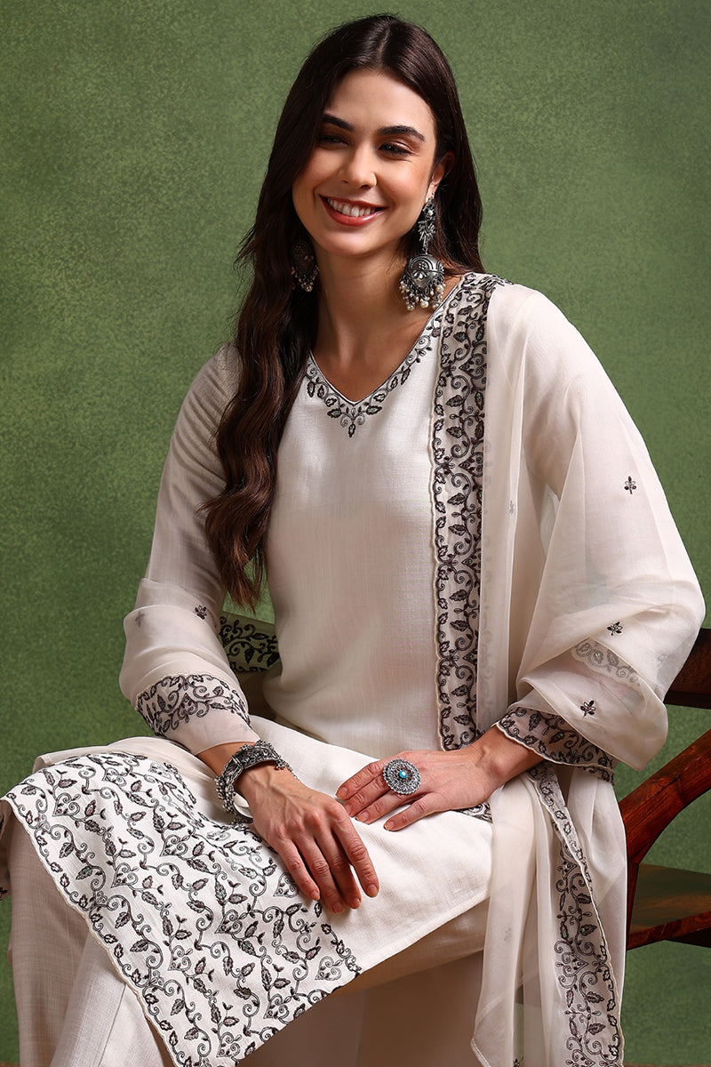 DesiQlo Women Silk Blend Indian Ethnic Set - Off White PKSKD1996
