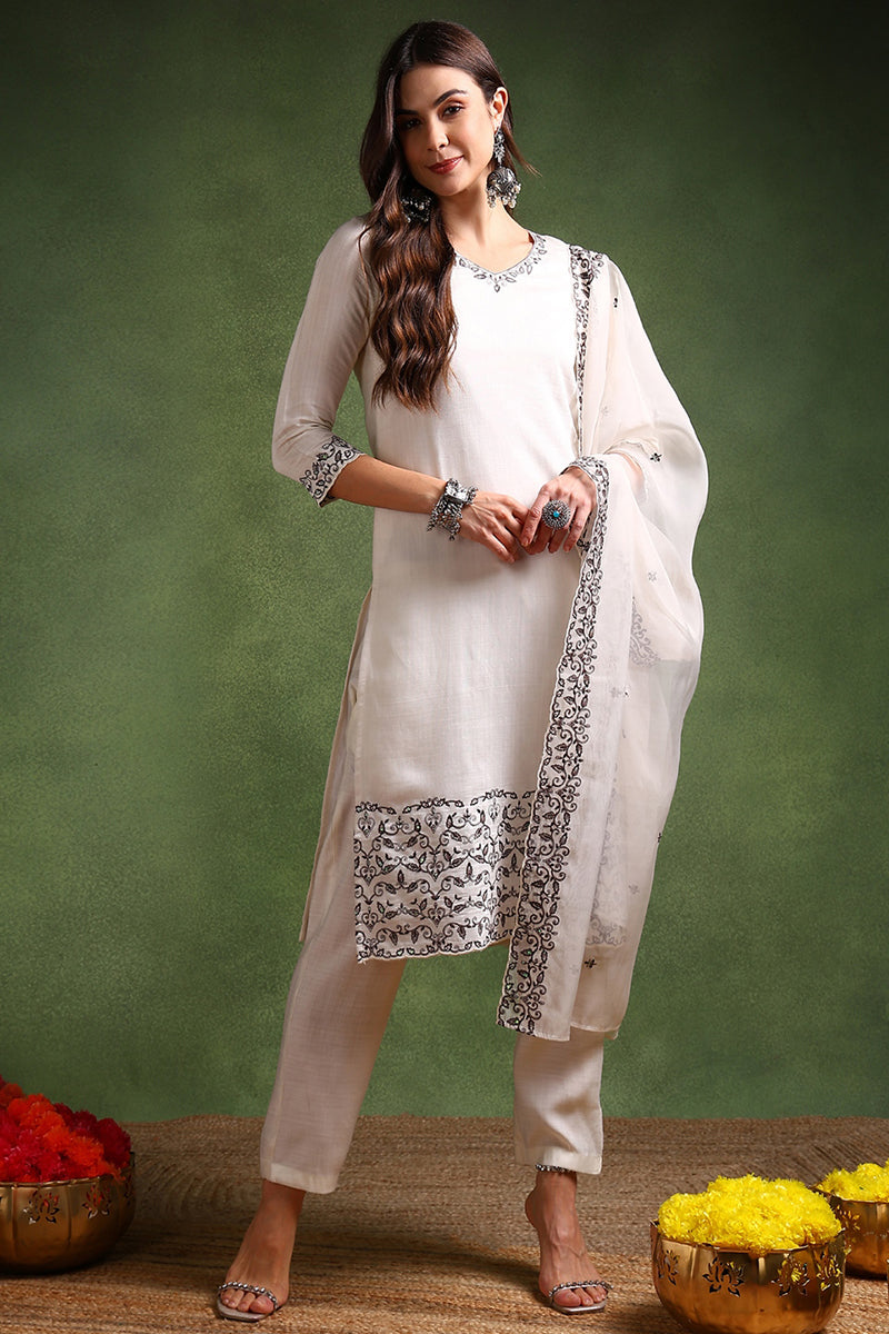 DesiQlo Women Silk Blend Indian Ethnic Set - Off White PKSKD1996