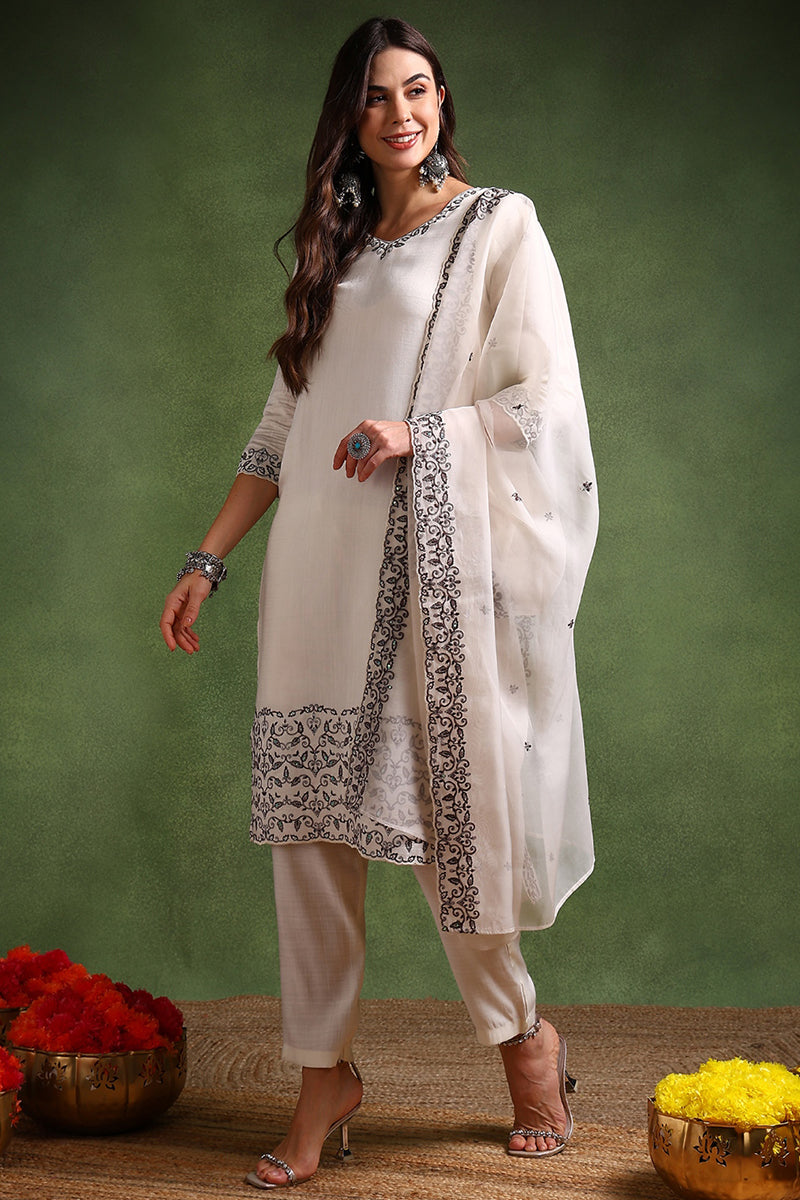 DesiQlo Women Silk Blend Indian Ethnic Set - Off White PKSKD1996