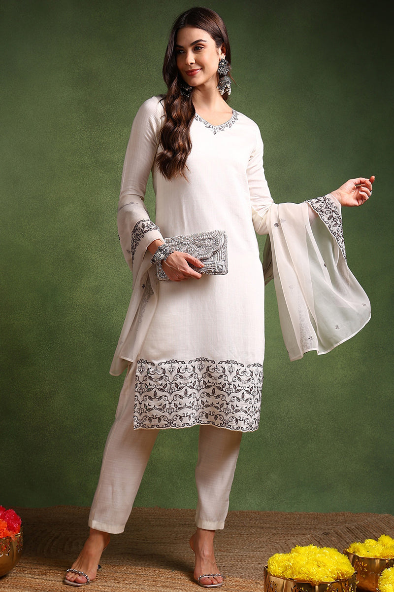 DesiQlo Women Silk Blend Indian Ethnic Set - Off White PKSKD1996
