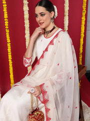 Women Off White Silk Blend Embroidered Anarkali Kurta Pant Set With Dupatta