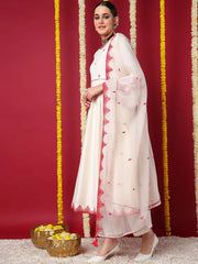 Women Off White Silk Blend Embroidered Anarkali Kurta Pant Set With Dupatta