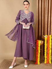 Women Purple Silk Blend Solid Embroidered Kurta Trouser With Dupatta