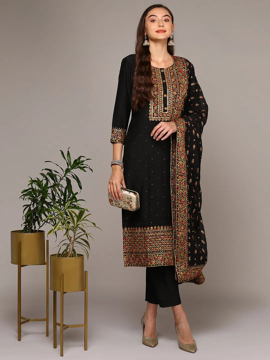 Women Black Silk Blend Solid Straight Suit Set PKSKD2003