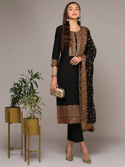 Women Black Silk Blend Solid Straight Suit Set PKSKD2003
