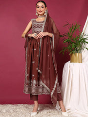 Women Rust Poly Georgette Solid Embroidered Straight Kurta Trouser With Dupatta