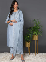 Women Blue Silk Blend Solid Embroidered Kurta Trouser With Dupatta-PKSKD2017