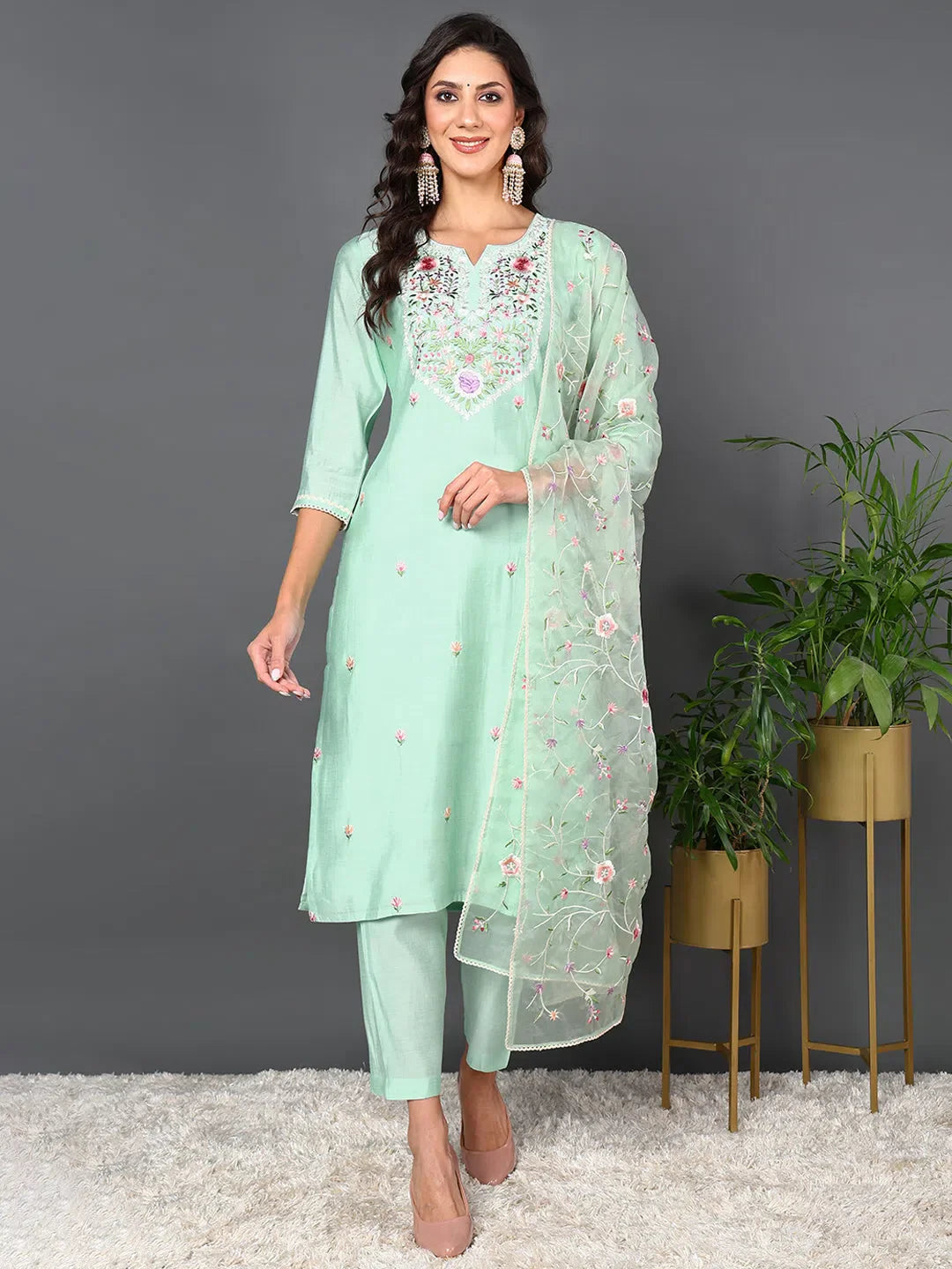 Women Green Silk Blend Solid Embroidered Kurta Trouser With Dupatta-PKSKD2027