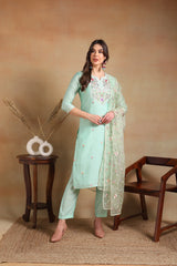 Women Sea Green Silk Blend Embroidered Straight Kurta Pant Set With Dupatta-PKSKD2027A