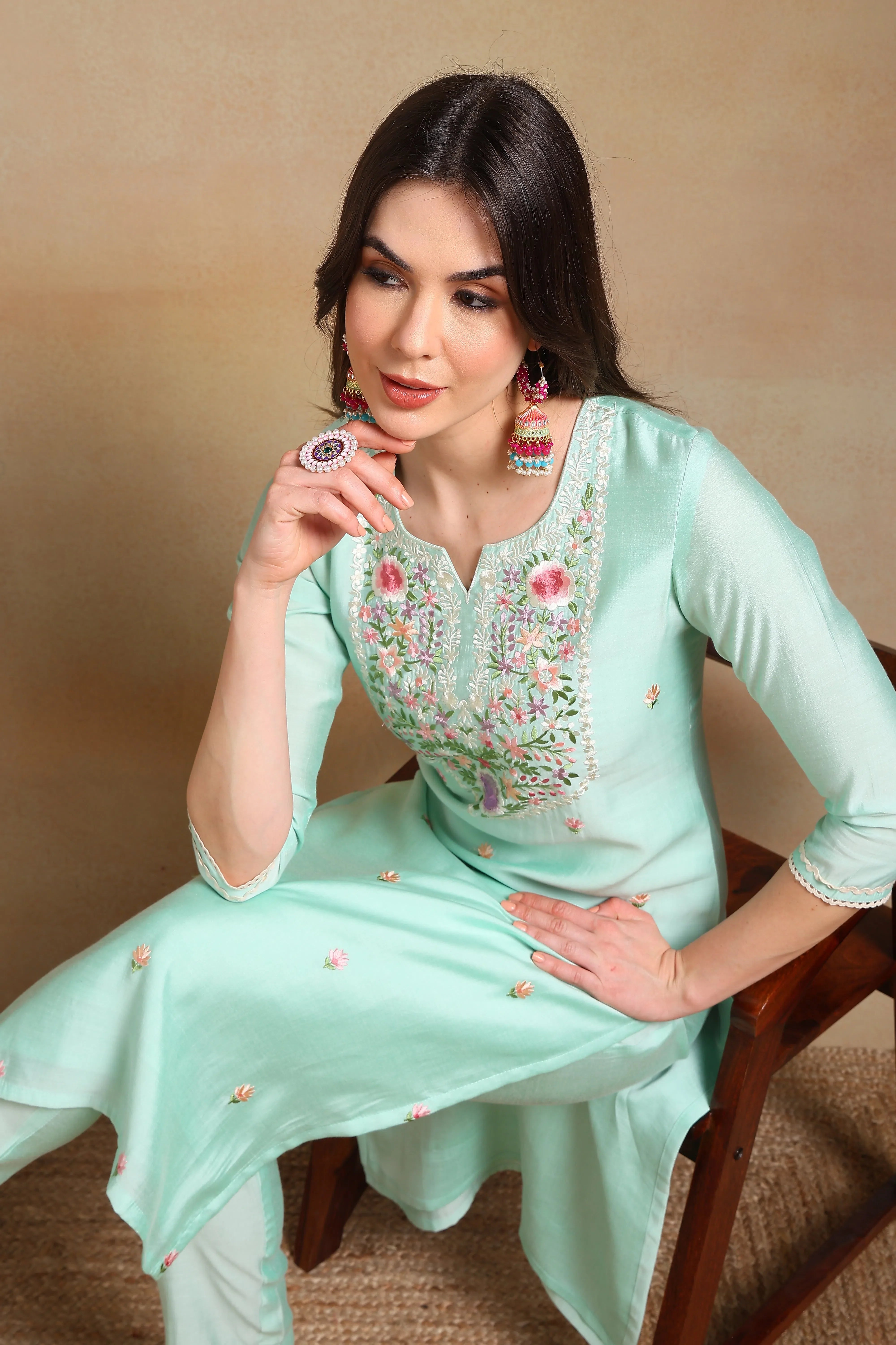 Sea Green Kurta Set With Dupatta| Women's Indian Kurta Sets