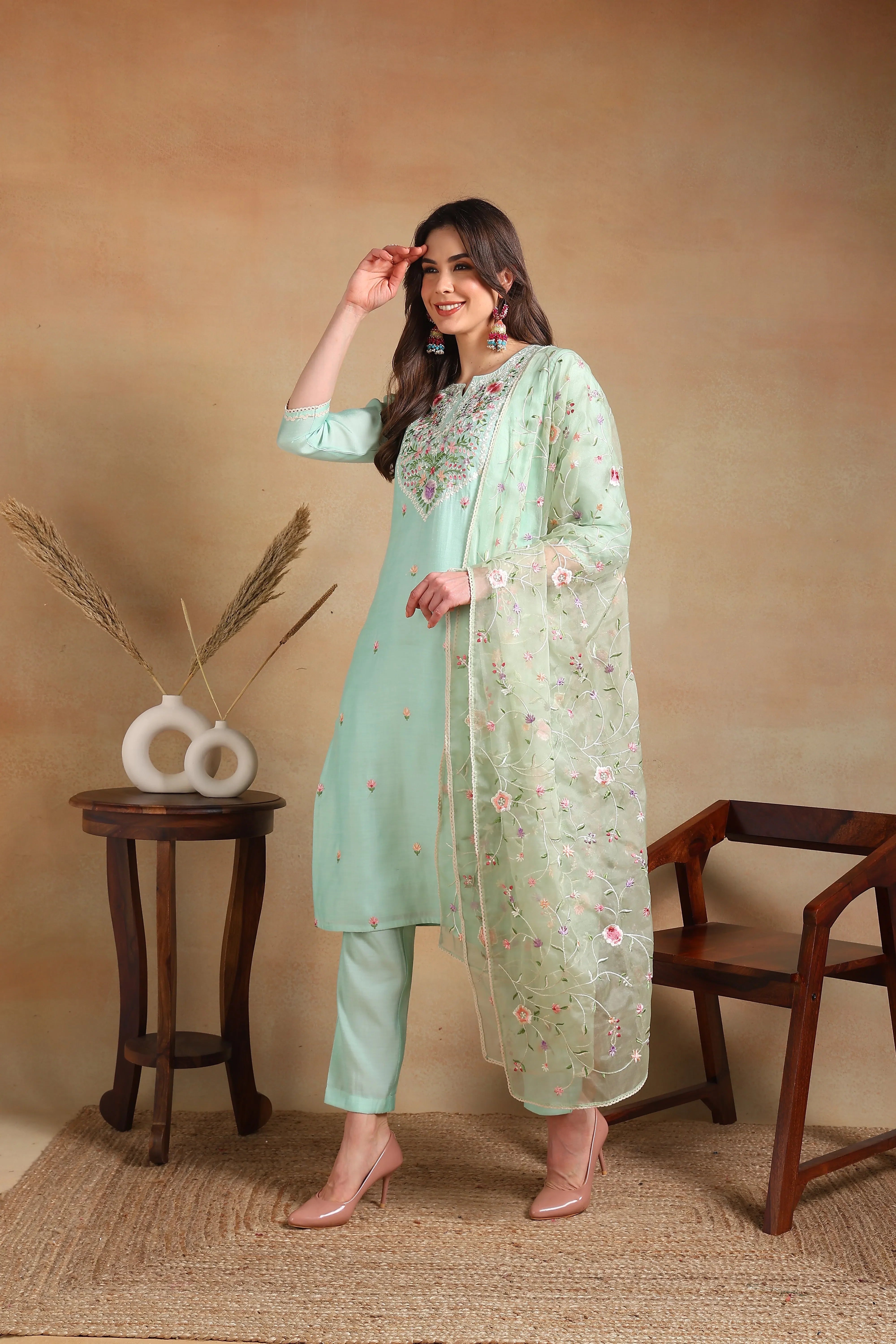 Sea Green Kurta Set With Dupatta| Women's Indian Kurta Sets