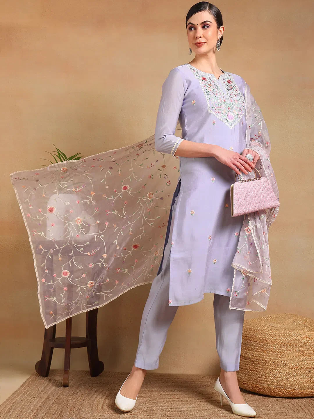 Women Purple Silk Blend Embroidered Straight Kurta Pant Set With Dupatta-PKSKD2028