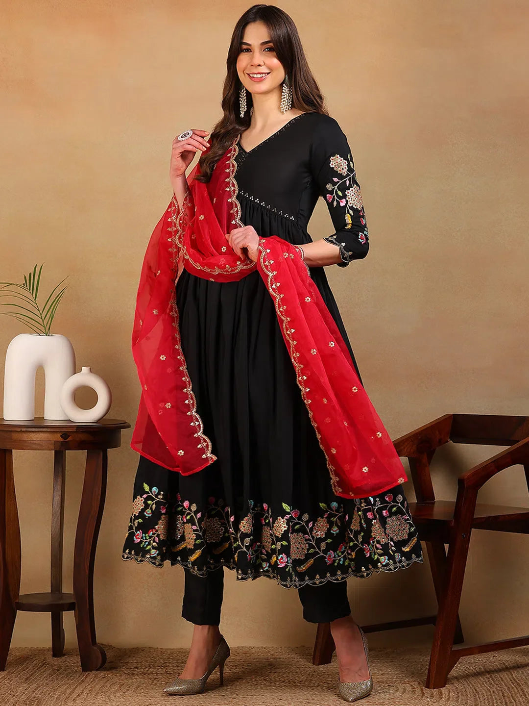 Black Embroidered Anarkali Kurta Pant Set With Dupatta
