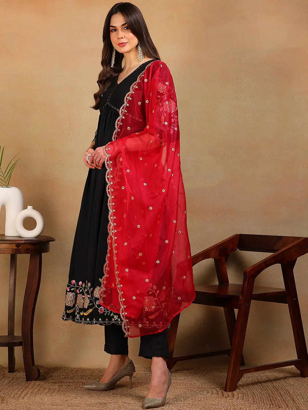 Black Embroidered Anarkali Kurta Pant Set With Dupatta