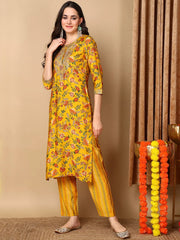 Women Yellow Silk Blend Printed Straight Kurta Pant Set With Dupatta