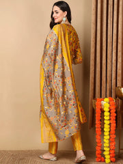 Women Yellow Silk Blend Printed Straight Kurta Pant Set With Dupatta