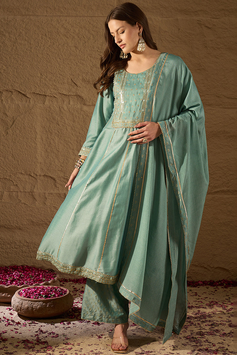 Sea Green Silk Blend Solid Embroidered Anarkali Suit Set PKSKD2036 | D